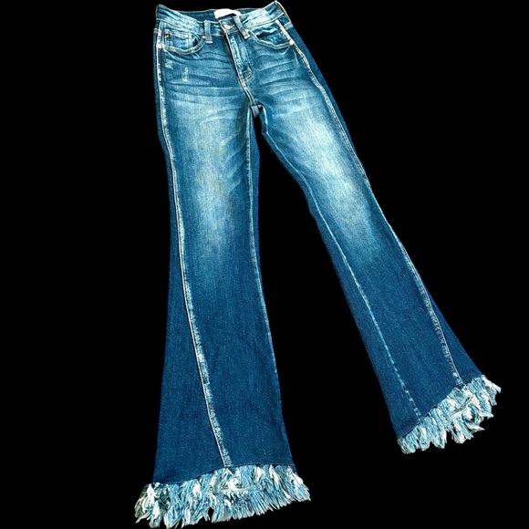 Kancan Brooklyn High-Rise Boot Cut Jeans Size 1/24 Dark Blue Raw Fringe Hem #207 - Picture 6 of 16
